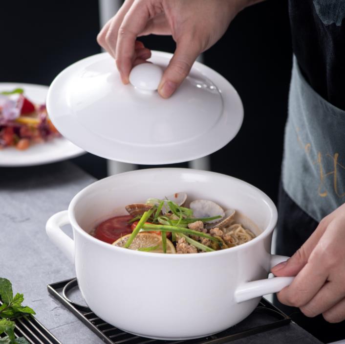 Ceramic bowl with cover double ears glazed soup bowl BA3203