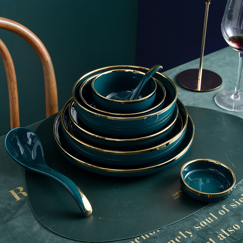 Dark green golden rim ceramic tableware 2020 02