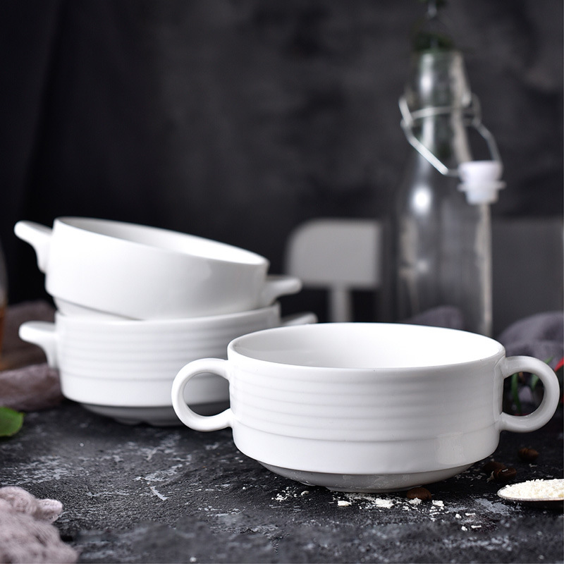 Pure white ceramic bowl set with two ears MU0058