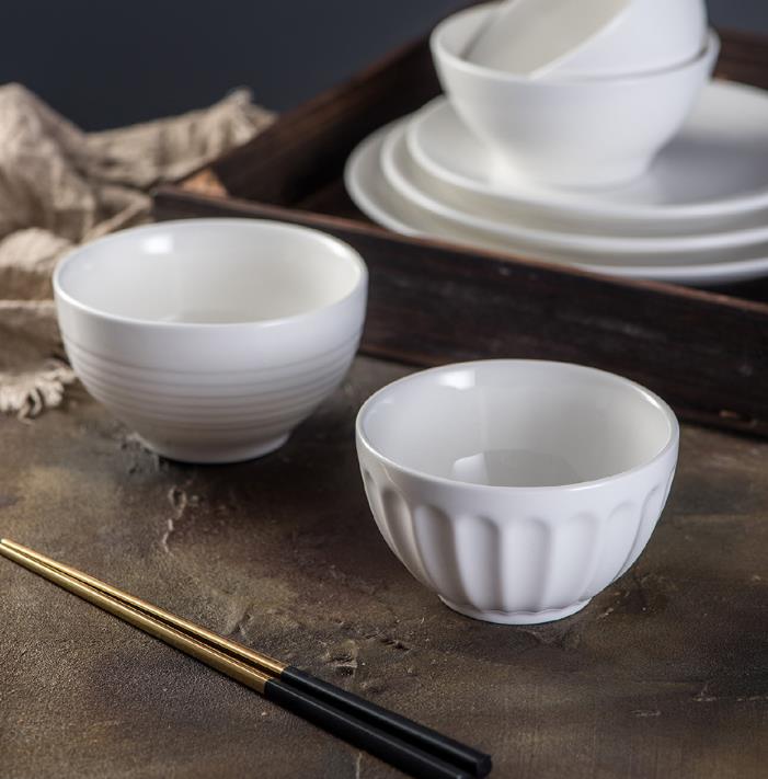 Striped pure white round ceramic rice bowl  MU0239